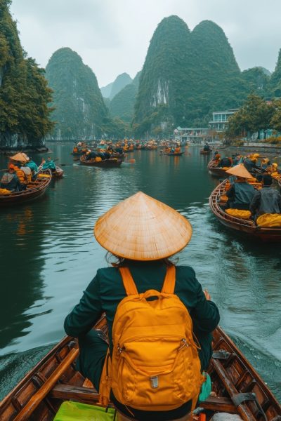 Tranquil Fisherman Rowing Boat in Misty Halong Bay, Vietnam - Serene Seascape with Soft Tones | Sony A7S III 50mm